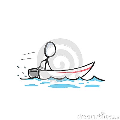 Man in motor speed boat in the sea. Boat sports and leisure. Hand drawn. Stickman cartoon. Doodle sketch, Vector graphic Cartoon Illustration