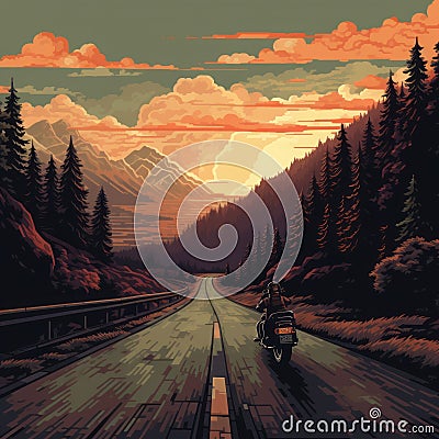 Sunset Motorcycle Ride: Pixel Art Landscape With Earthy Colors Stock Photo