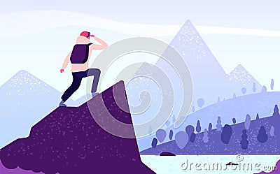 Man in mountain adventure. Climber standing with backpack on rock looks to mountain landscape. Tourism nature journey Vector Illustration