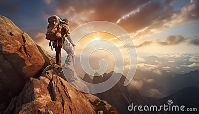 Man mountain climber climbing a mountain Stock Photo