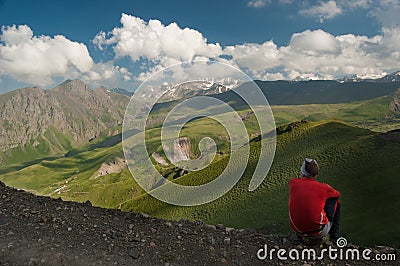 Man and mountain landscape Stock Photo