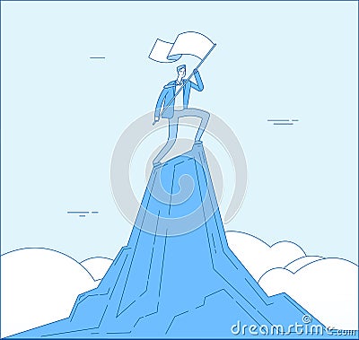 Man mountain peak. Successful businessman winner enjoy with flag on top. Business achievement victorious motivation Vector Illustration