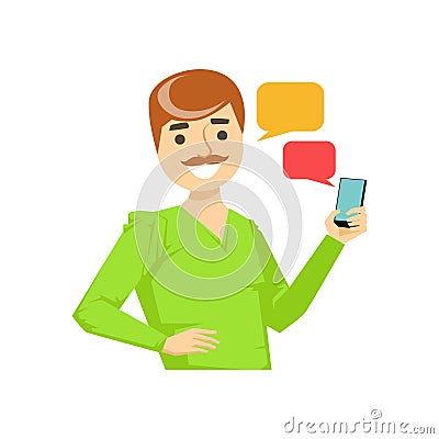 Man With Moustache Texting Messages, Part Of People Speaking On The Mobile Phone Series Vector Illustration