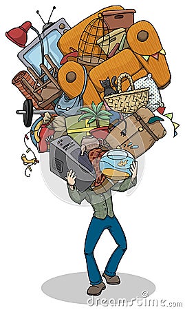 Man, moving, with huge pile of things Vector Illustration