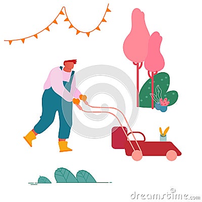 Man Mow Lawn in Garden or Public City Park. Gardener or Worker Pushing Lawn Mower Machine for Landscaping Vector Illustration