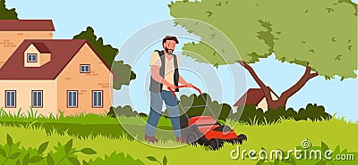 Man with mower cutting garden lawn Vector Illustration