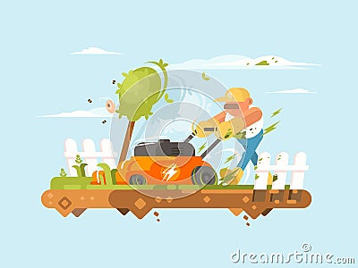 Man mowing grass Vector Illustration