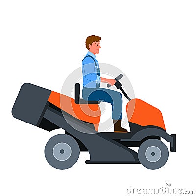 Man mowing grass with lawn mower tractor, male farmer and driver riding lawnmower machine Vector Illustration