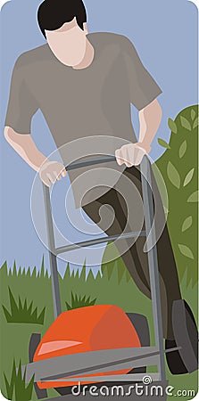 Man Mowing a Lawn Vector Illustration