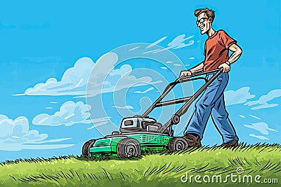 man mowing the lawn with a lawn mower gardening landscaping service business vector illustration Vector Illustration