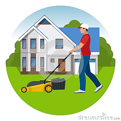 Man mowing the lawn with yellow lawn mower in summertime. Lawn grass service concept. Flat vector illustration Vector Illustration