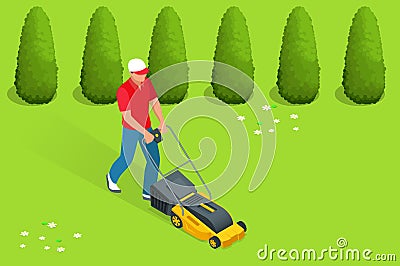 Man mowing the lawn with yellow lawn mower in summertime. Lawn grass service concept. Isometric vector illustration Vector Illustration