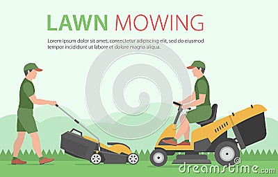 Man mowing the lawn with yellow lawn mower Vector Illustration