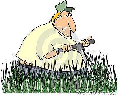 Man Mowing Tall Grass Cartoon Illustration