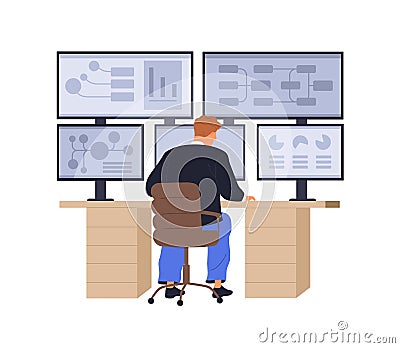 Man at multiple-screen computer for data analysis. Person works with modern information technology system, statistics Vector Illustration