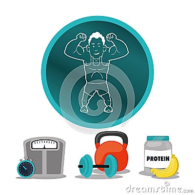 Man muscle protein sport dumbbell Vector Illustration