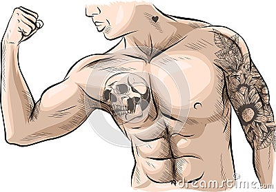 The man with the muscles. bearded, muscular jock in jeans. Posing bodybuilding. Vector Illustration