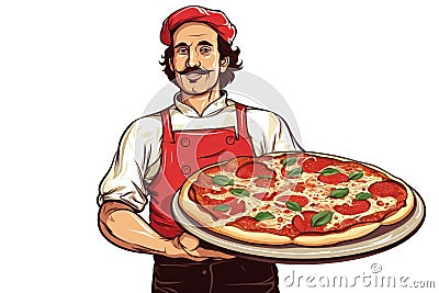 Man with mustache holding a pizza, manga style vector illustration Cartoon Illustration