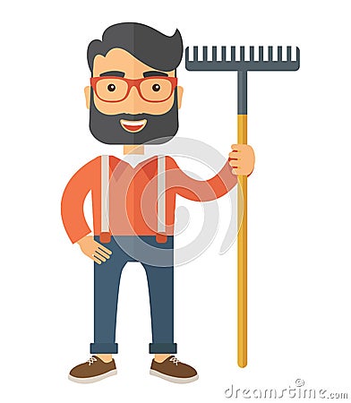 Man with a mustache holding rake. Cartoon Illustration