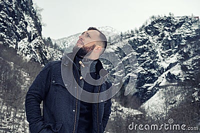 Man in Naeroydalen valley, Norway Stock Photo