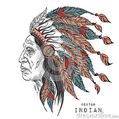 Man in the Native American Indian chief. Black roach. Indian feather headdress of eagle. Hand draw vector illustration Vector Illustration