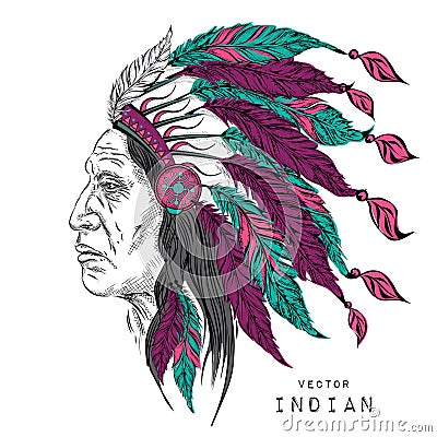 Man in the Native American Indian chief. Black roach. Indian feather headdress of eagle. Hand draw vector illustration Vector Illustration