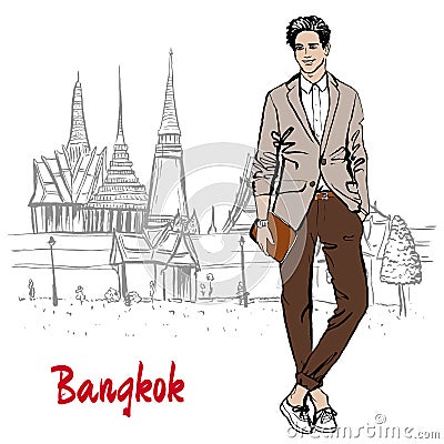 man near Grand Palace and Wat Prakeaw Vector Illustration