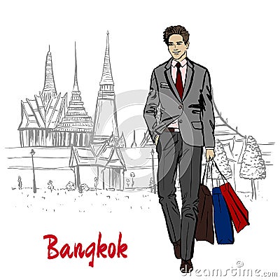 Man near Grand Palace and Wat Prakeaw Vector Illustration