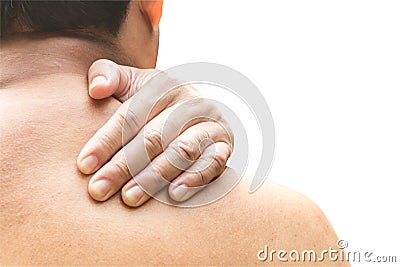 Man with neck pain isolated on white background. This has clipping path Stock Photo