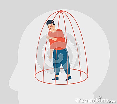 Man needs help inside a closed cage. Influence of drug addiction. Concept of restrictions Vector Illustration
