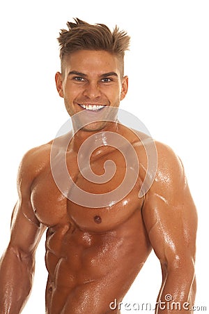 Man no shirt shiny close body smile Stock Photo