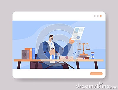 man notary signing and legalization documents stamping legal document at workplace lawyer office interior Vector Illustration