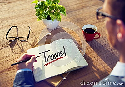Man with a Note and a Single Word Travel Stock Photo