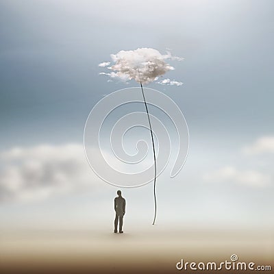 Man observes a surreal cloud attached to the ground with a thread Stock Photo