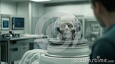 Man observing robot in laboratory, exploring advancements in robotics, automation, and artificial intelligence research. Stock Photo