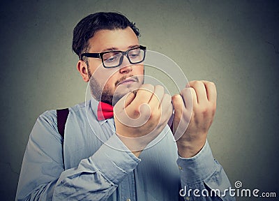 Man obsessed with clean hands Stock Photo