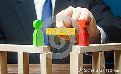 Man offers a solution to end conflict. Compromise dispute resolution. Build bridges improve relationships. Communication mediation Stock Photo