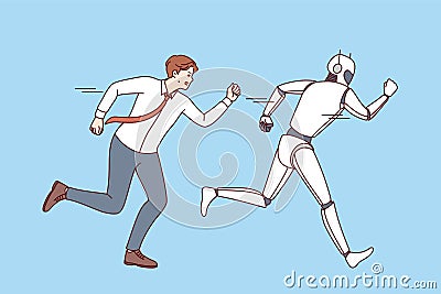 Man office clerk attacks AI robot, out of fear digitalization and robotization causing mass layoffs Vector Illustration