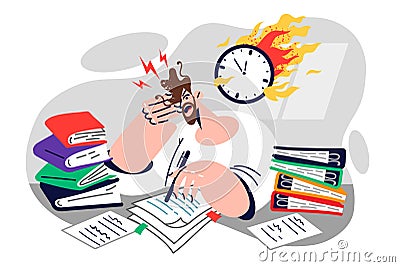 Man office clerk cannot cope with deadlines, sitting at desk littered with papers near burning clock Vector Illustration