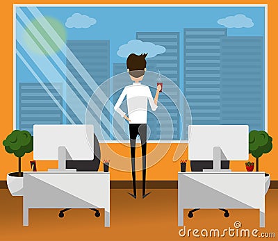 Man in the office with coffee. Vector. Flat design illustration. Vector Illustration