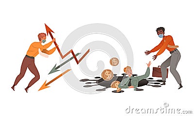 Man Office Employee Supporting Arrow and Helping Colleague Get Out From Coronavirus Hole Having Financial Crisis Vector Vector Illustration