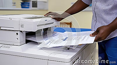 Managing paperwork effortlessly with the office printer. Stock Photo