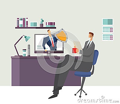 Man in office reading document with shielded man protecting his computer. Protecting your personal data. GDPR, RGPD Vector Illustration