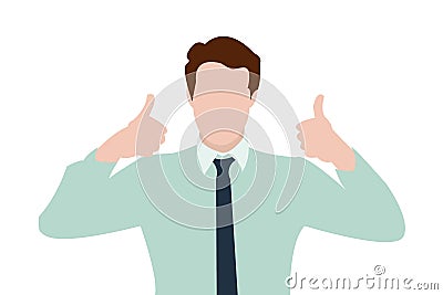 A man in an office shirt with a tie shows his hands thumbs up sign. Isolated on white Vector Illustration