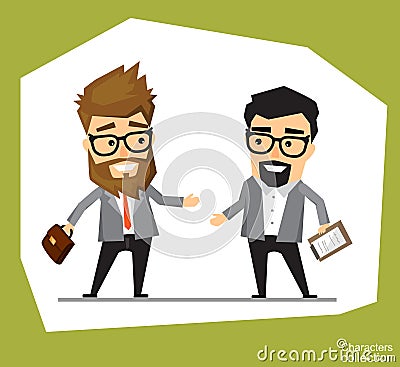 A man in an office suit holds a meeting with a business partner Vector Illustration
