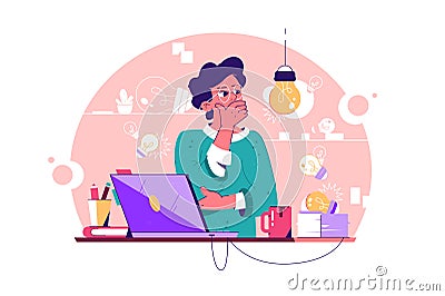 Man in office surrounded by ideas - lightbulbs Vector Illustration