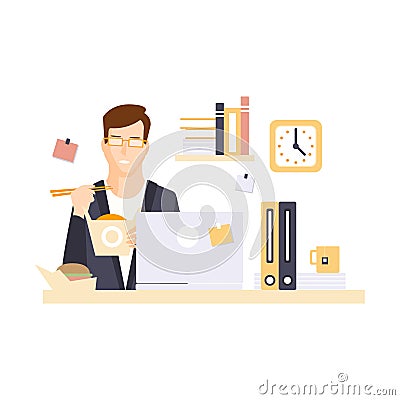 Man Office Worker In Office Cubicle Eating Lunch Having His Daily Routine Situation Cartoon Character Vector Illustration