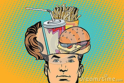 Man with an open head fast food Vector Illustration