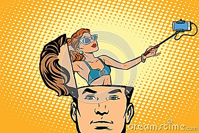 Man with an open head selfie girl, smartphone Vector Illustration