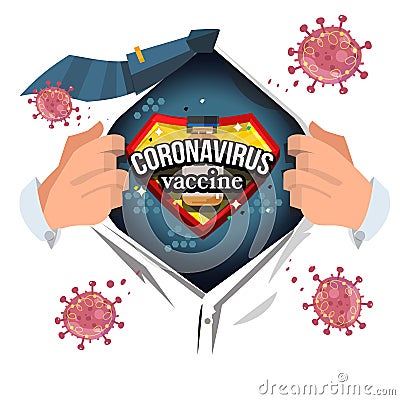 A man open his shirt to show ``Coronavirus Vaccine Vector Illustration